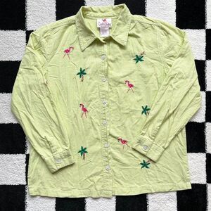 Quacker Factory Green Gingham Beaded Flamingo Top